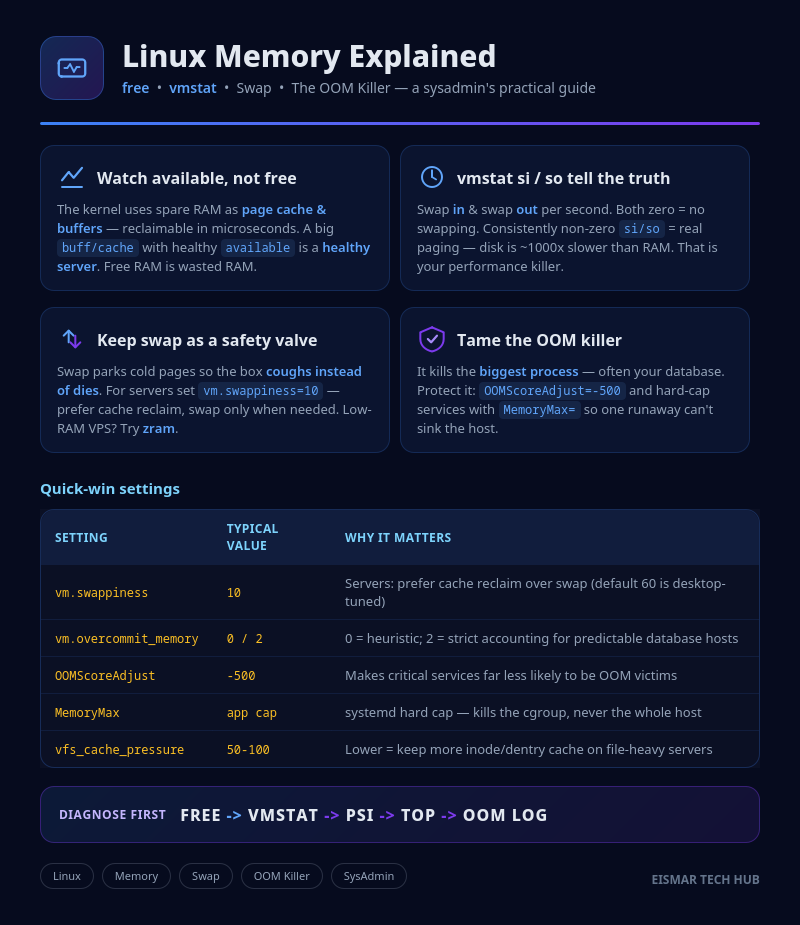 Infographic: Linux Memory — free, vmstat, Swap & the OOM Killer